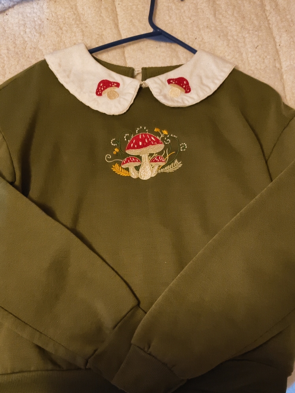 Olive Green Mushroom Embroidered Sweatshirt with White Peter Pan Collar